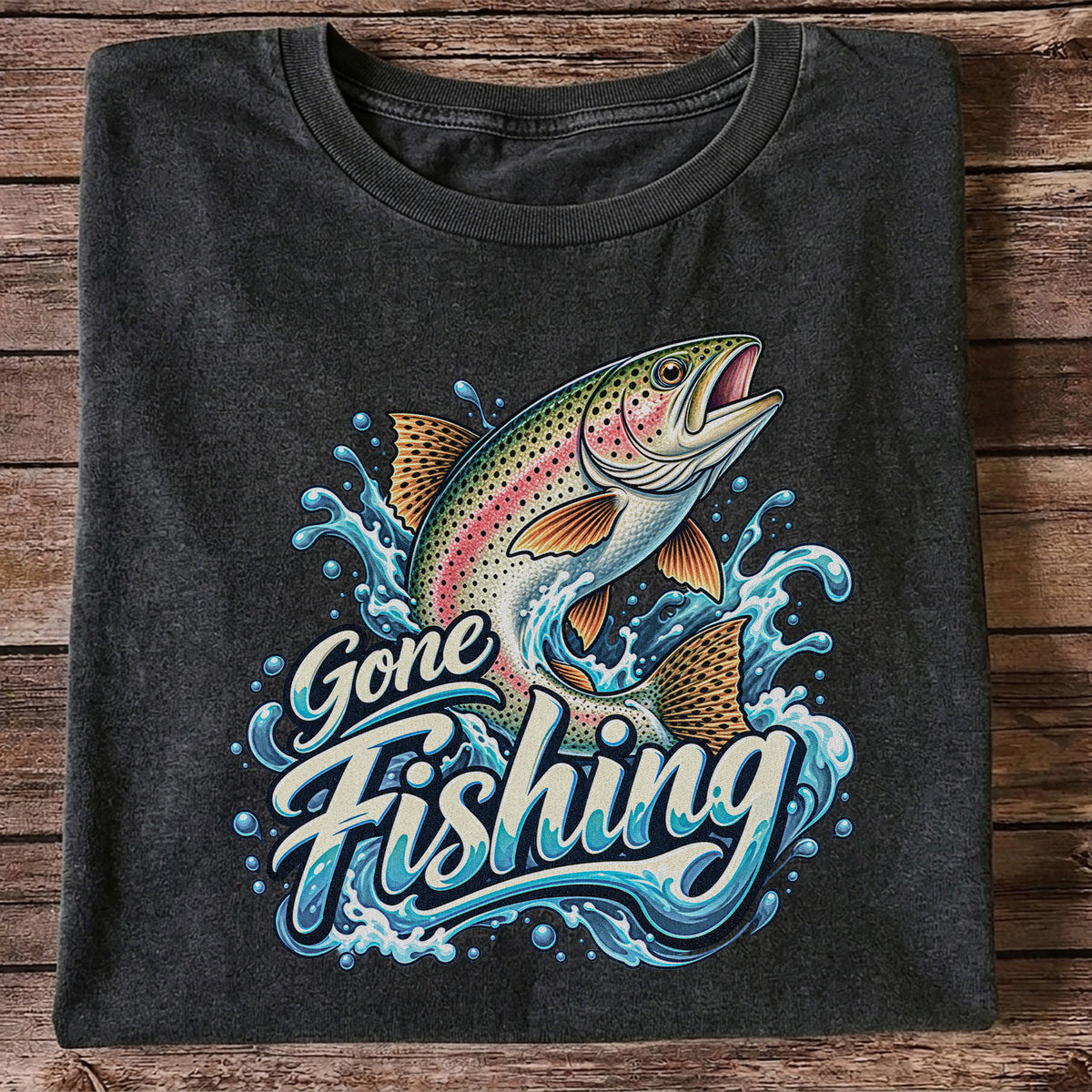 Gone Fishing Jumping Rainbow Trout Splash Graphic T-Shirt