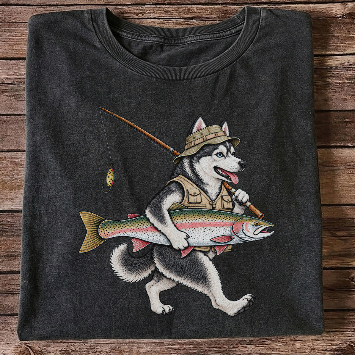 Husky Holding Rainbow Trout Fishing Graphic T-Shirt