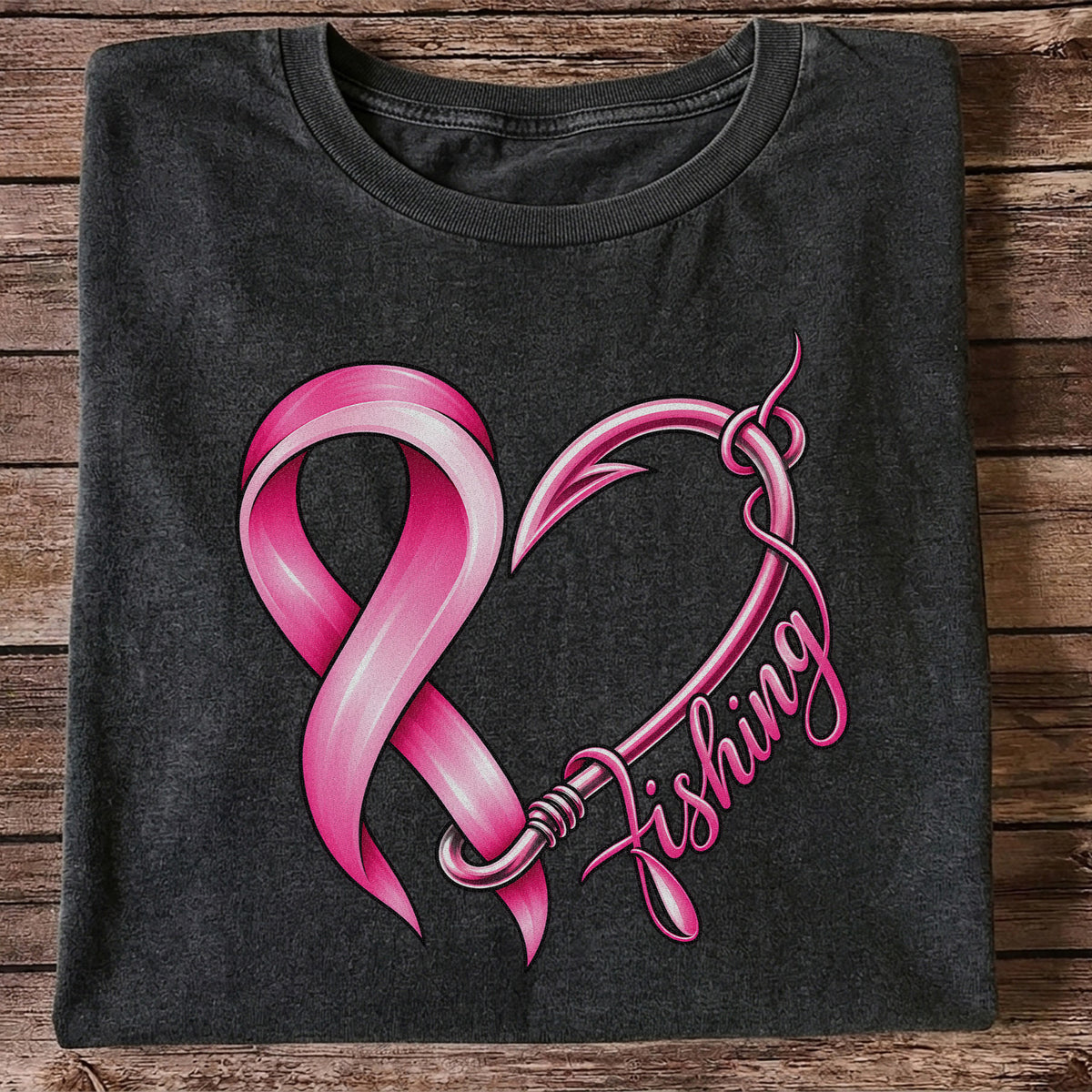 Pink Ribbon Heart Fish Hook Fishing Graphic T-Shirt