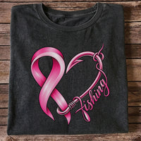 Pink Ribbon Heart Fish Hook Fishing Graphic T-Shirt