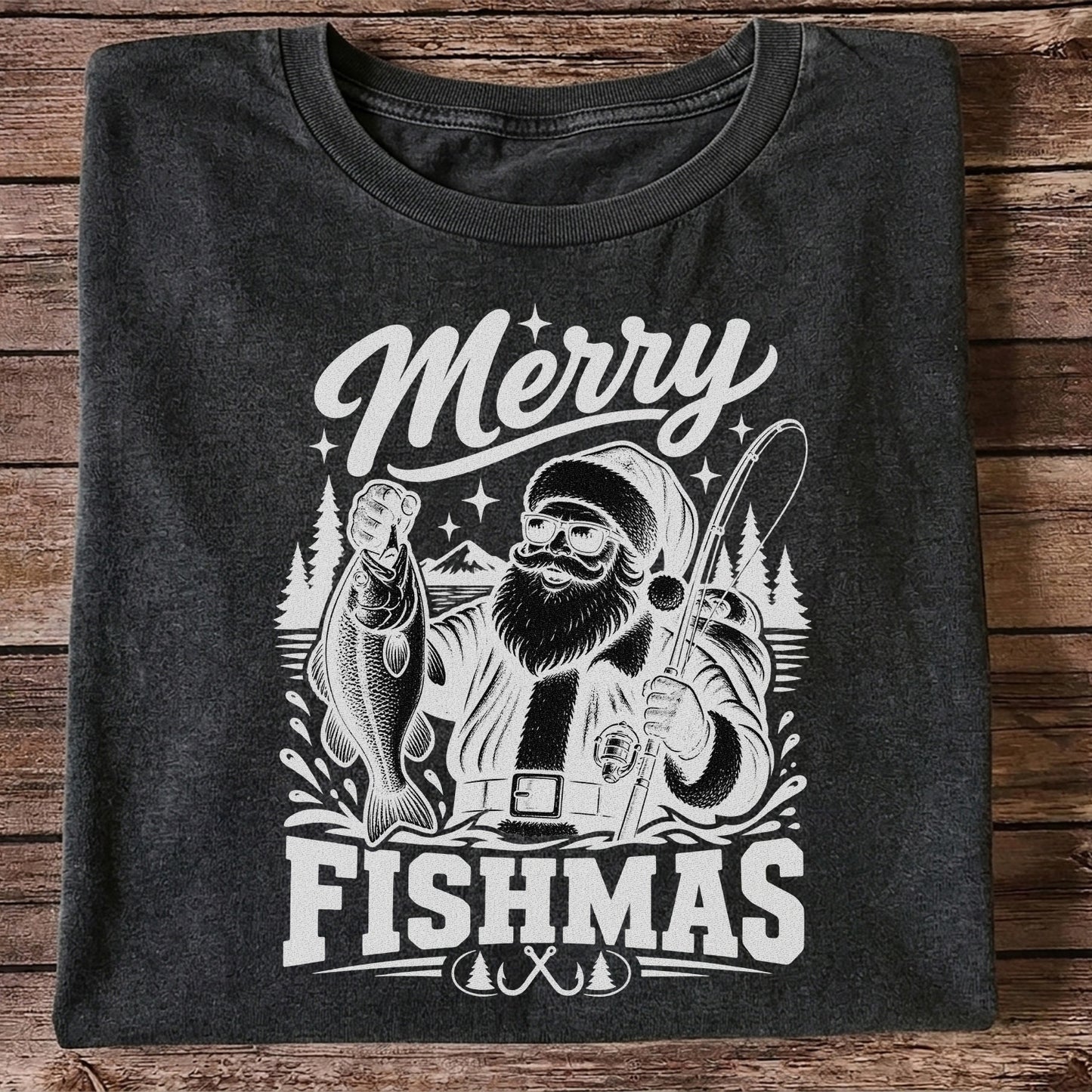 Merry Fishmas Santa Fishing Christmas Graphic T-Shirt