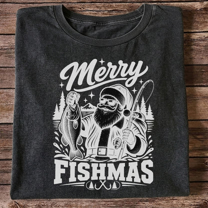 Merry Fishmas Santa Fishing Christmas Graphic T-Shirt