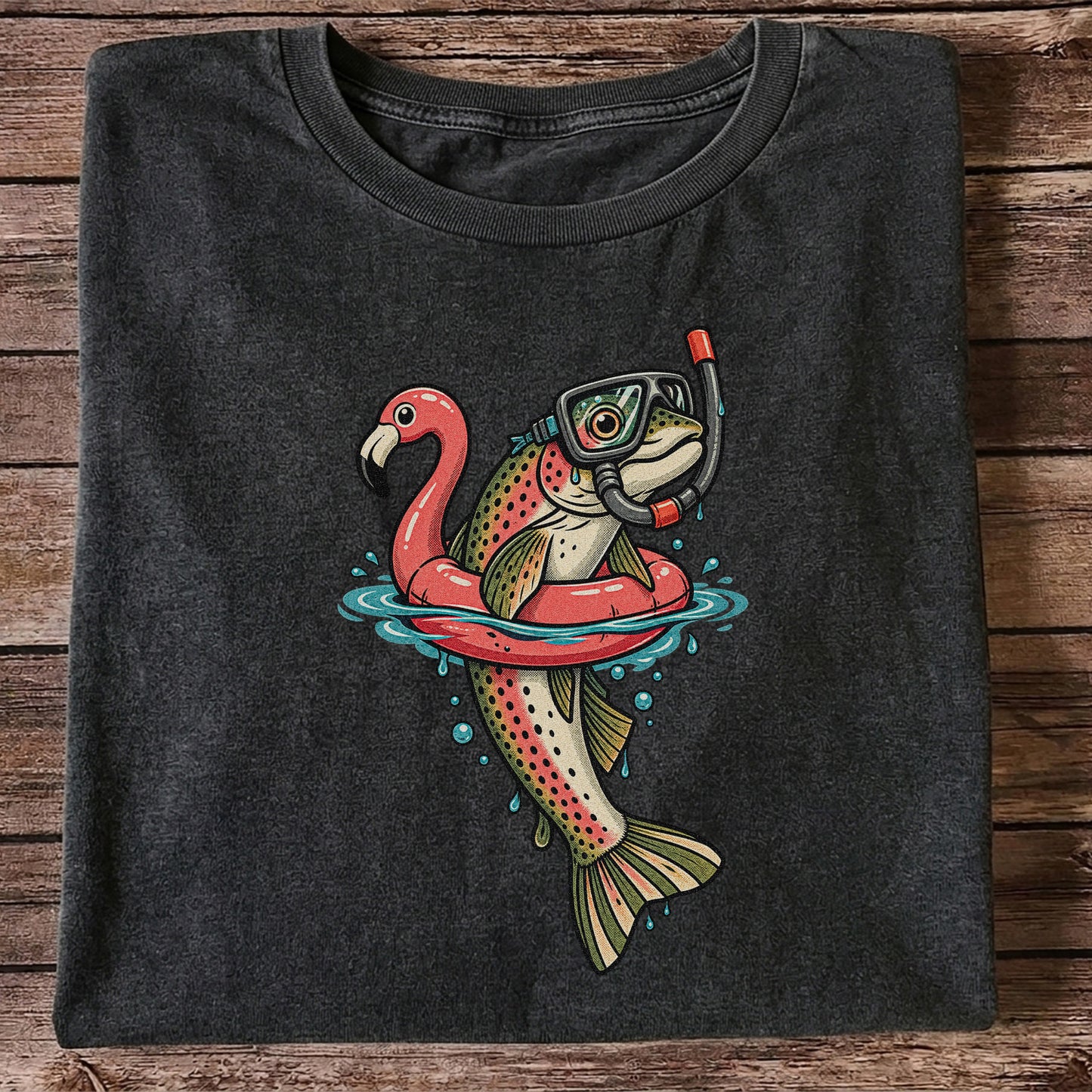 Rainbow Trout Snorkeling in a Flamingo Float Fishing Graphic T-Shirt
