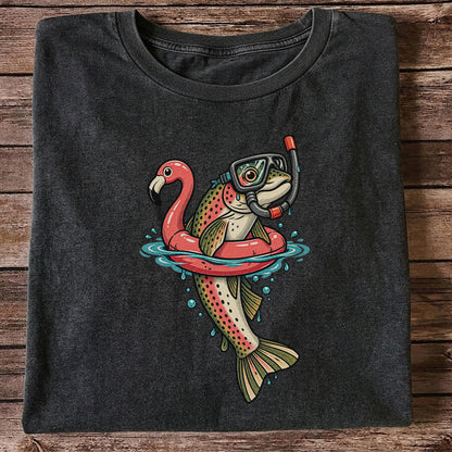Rainbow Trout Snorkeling in a Flamingo Float Fishing Graphic T-Shirt