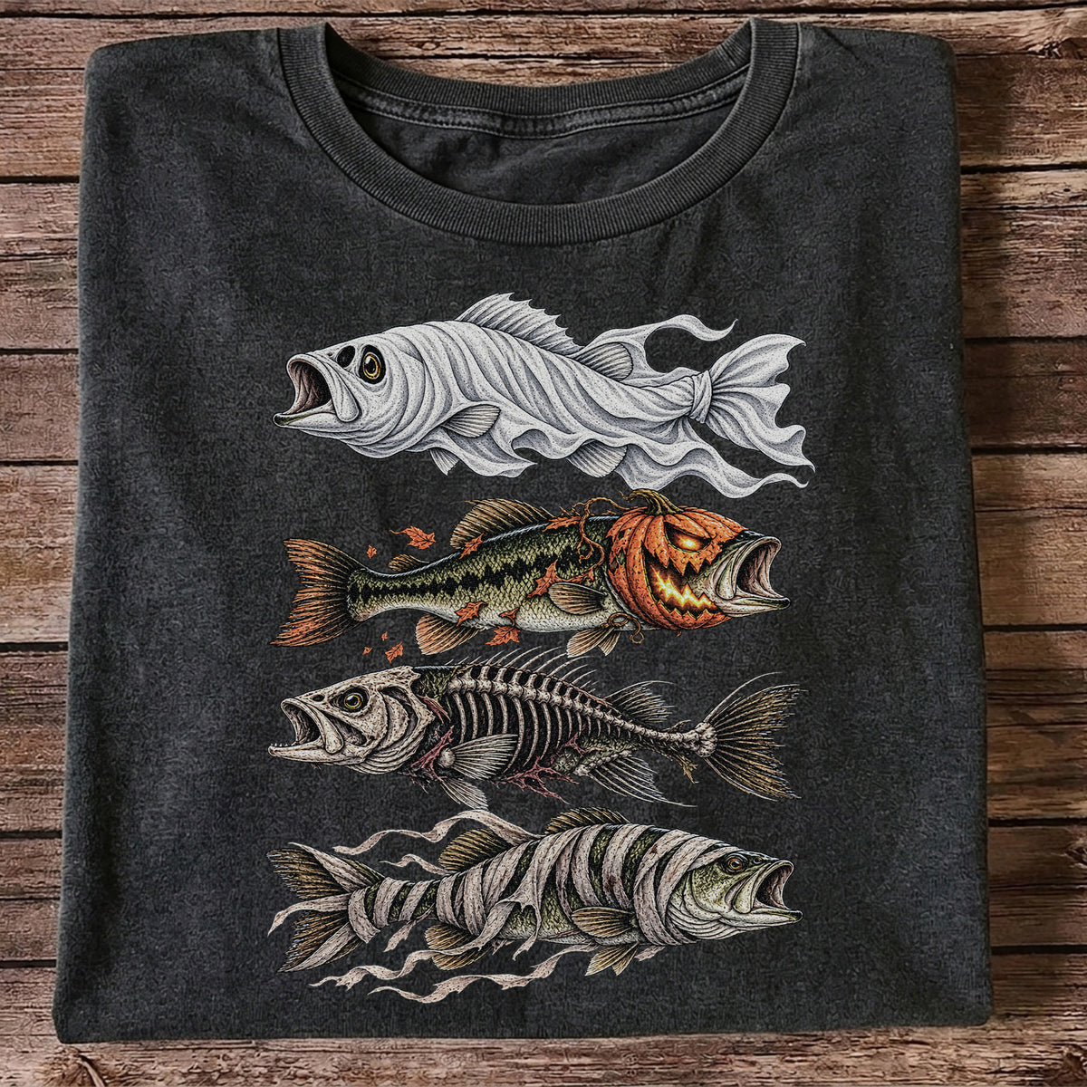 Halloween Bass Ghost Pumpkin Skeleton and Mummy Fish Graphic T-Shirt