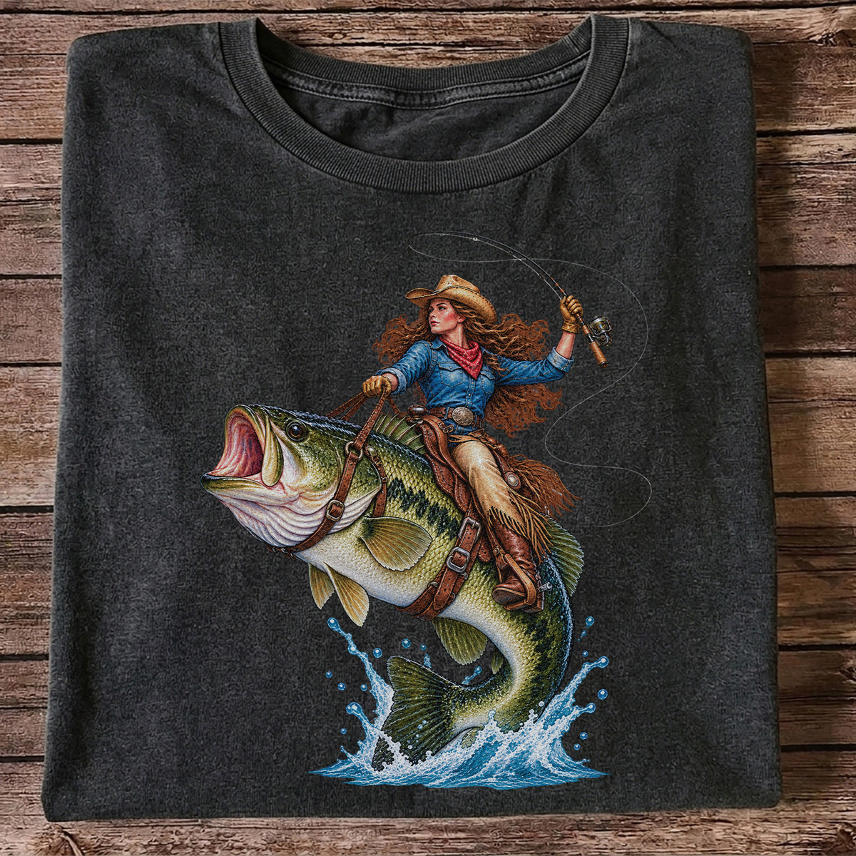 Cowgirl Riding a Largemouth Bass Fishing Graphic T-Shirt