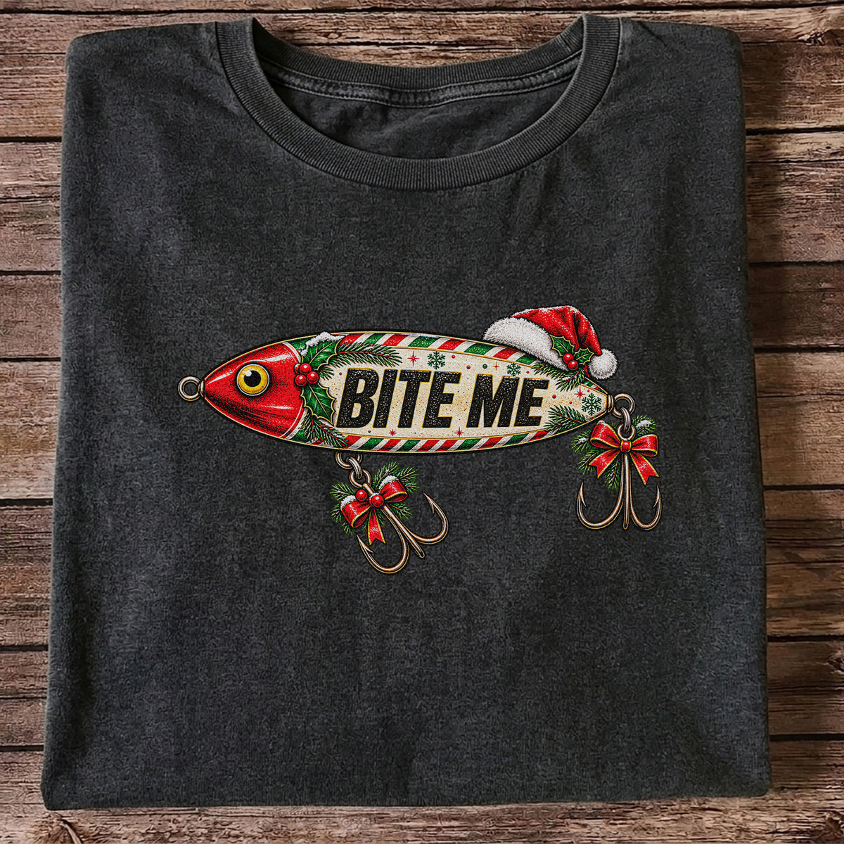 Bite Me Christmas Fishing Lure Funny Graphic T-Shirt