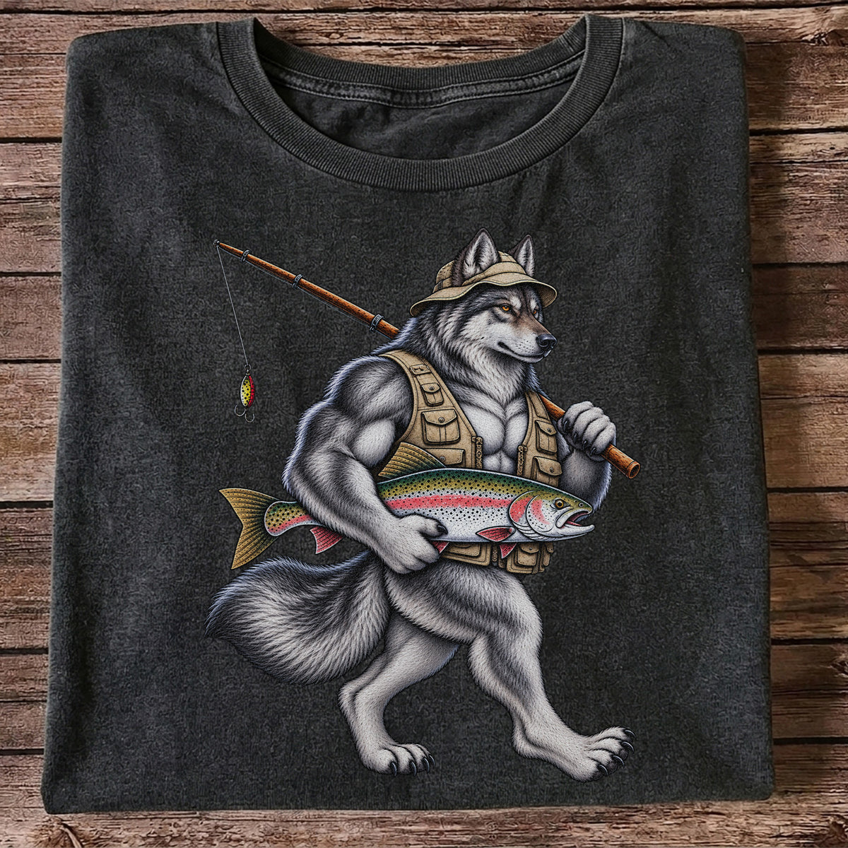 Wolf Angler Holding Rainbow Trout Fishing Graphic T-Shirt