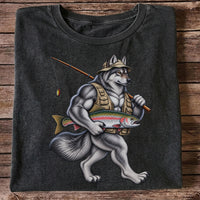 Wolf Angler Holding Rainbow Trout Fishing Graphic T-Shirt