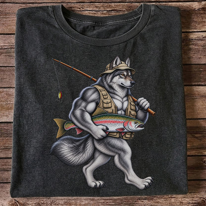Wolf Angler Holding Rainbow Trout Fishing Graphic T-Shirt