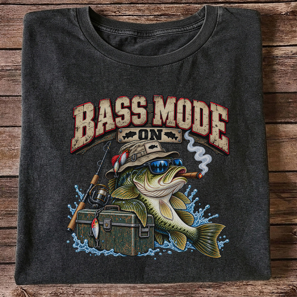 Bass Mode On Funny Bass with Cigar Fishing Graphic T-Shirt