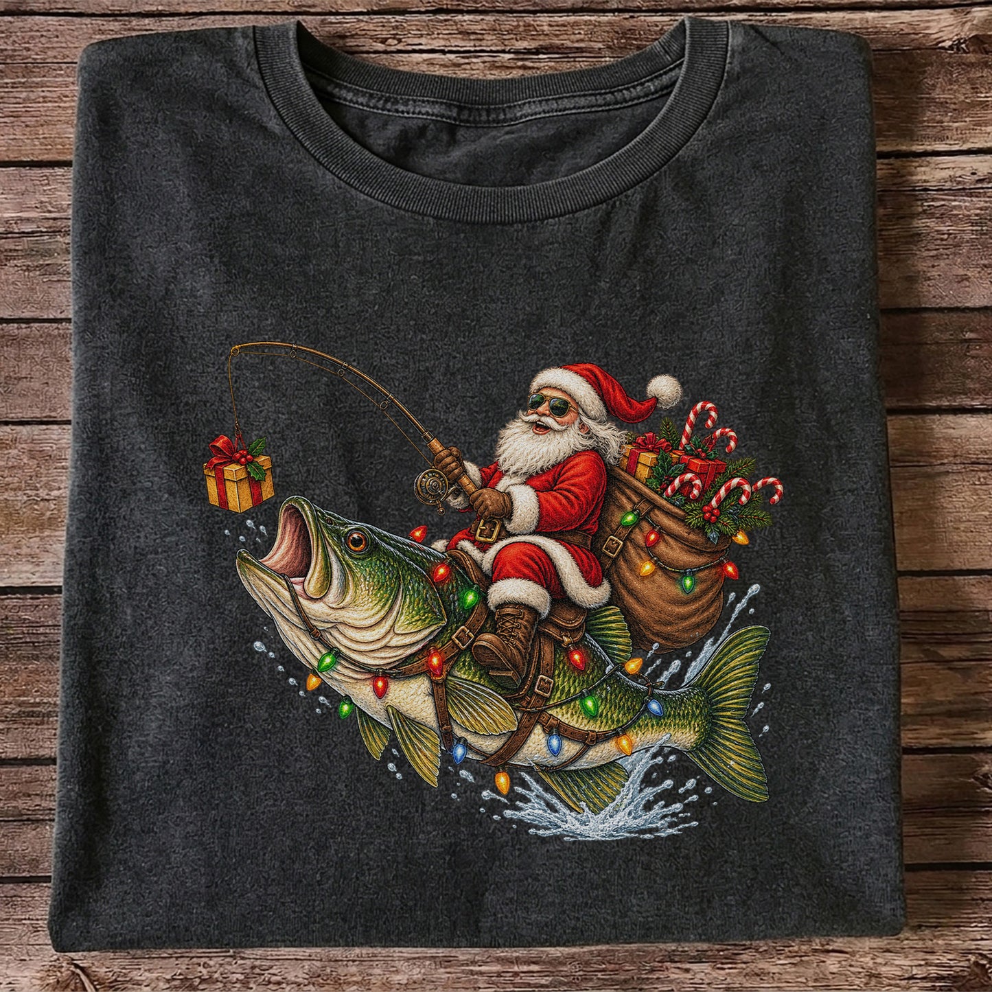 Santa Riding a Largemouth Bass Christmas Fishing Graphic T-Shirt