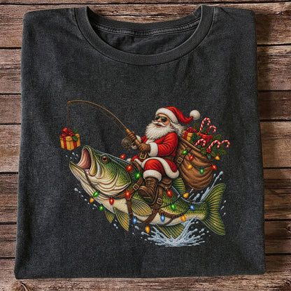 Santa Riding a Largemouth Bass Christmas Fishing Graphic T-Shirt