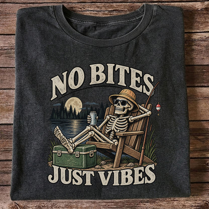 No Bites Just Vibes Skeleton Lake Fishing Graphic T-Shirt