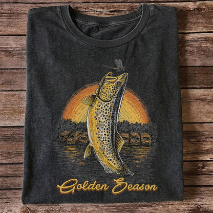 Golden Season Jumping Trout Sunset Fishing Graphic T-Shirt