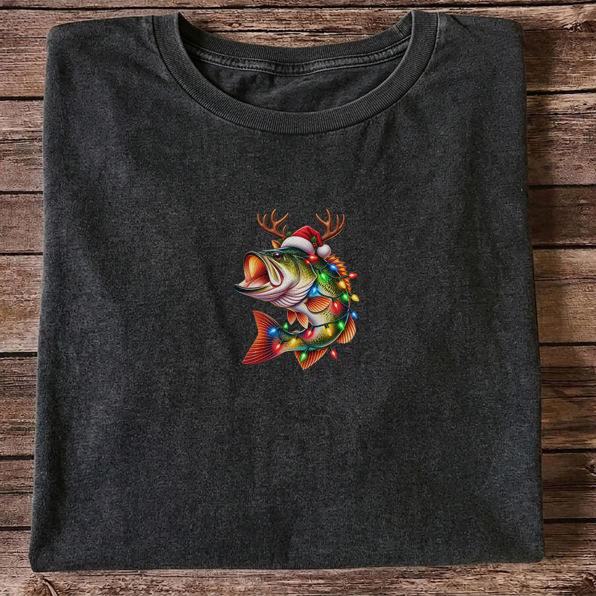 Christmas Bass with Santa Hat, Antlers and Holiday Lights Fishing T-Shirt