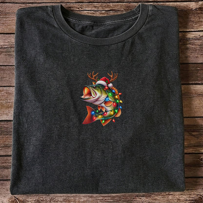 Christmas Bass with Santa Hat, Antlers and Holiday Lights Fishing T-Shirt