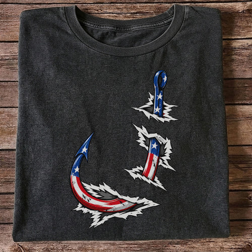 Patriotic American Flag Fishing Hooks Graphic T-Shirt