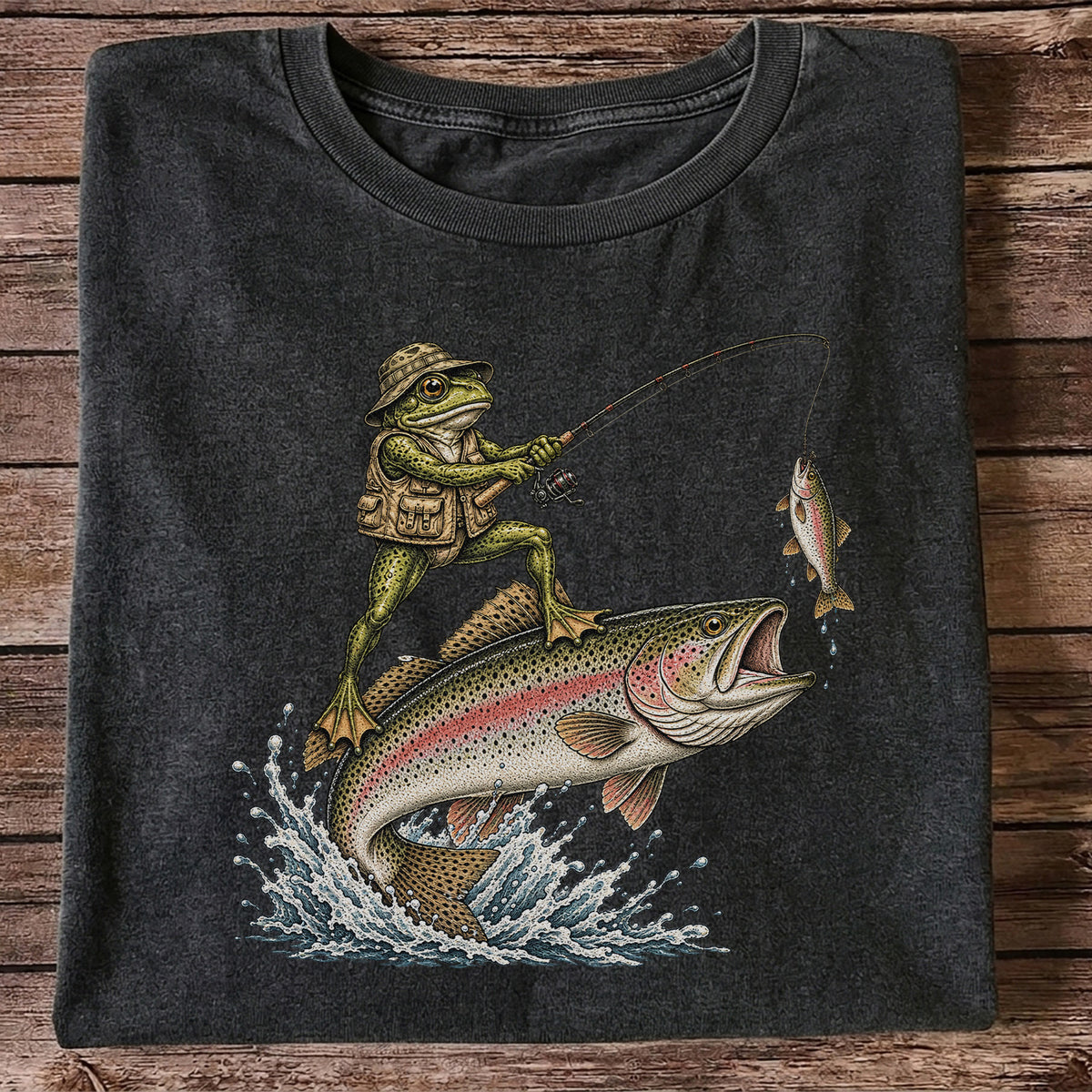 Frog Angler Riding a Rainbow Trout Fishing Graphic T-Shirt