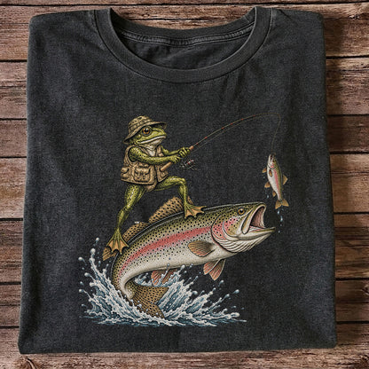 Frog Angler Riding a Rainbow Trout Fishing Graphic T-Shirt