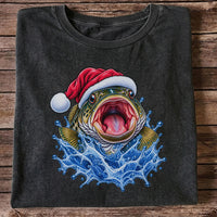 Santa Hat Bass Splash Fishing Graphic T-Shirt