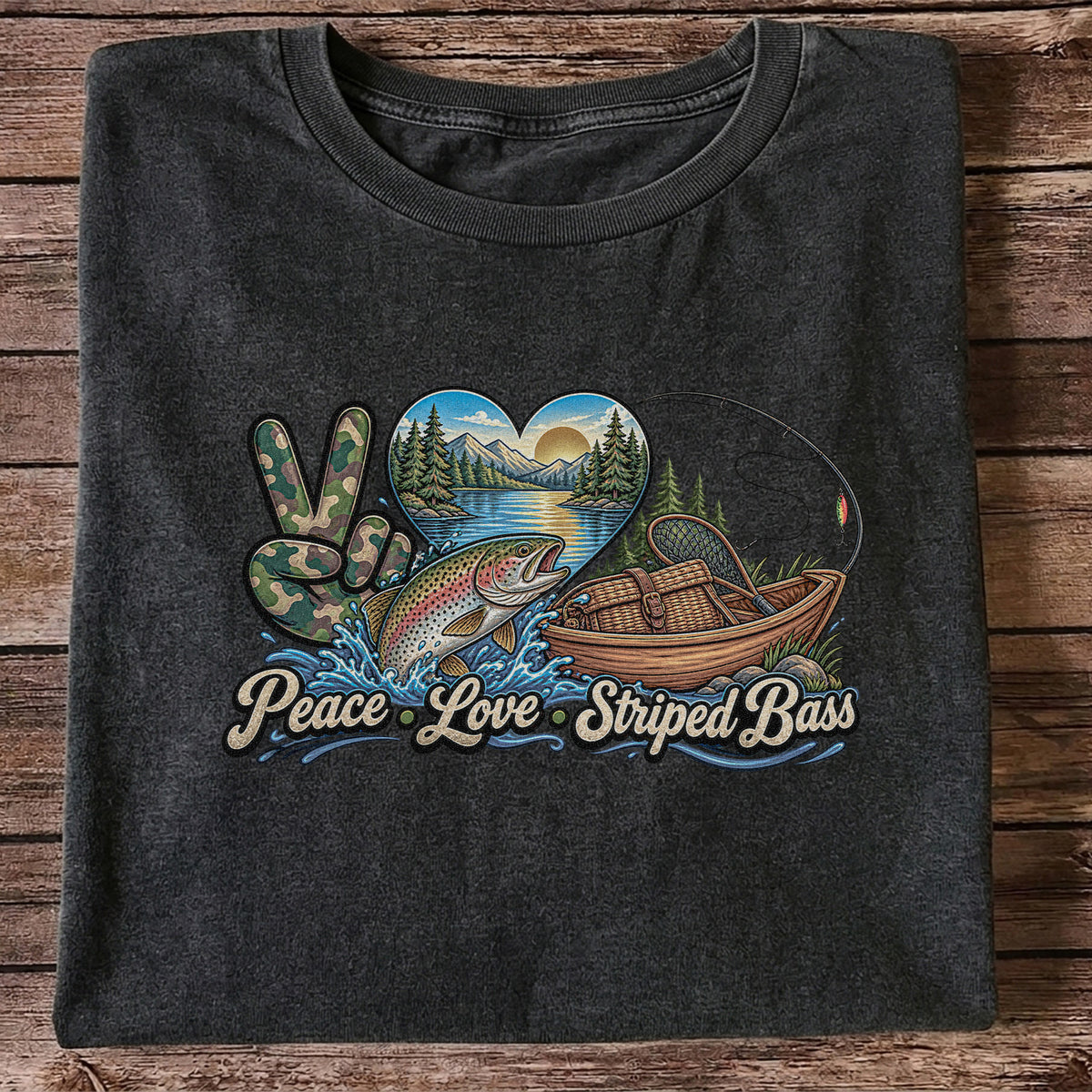 Peace Love Striped Bass Lake and Boat Fishing Graphic T-Shirt