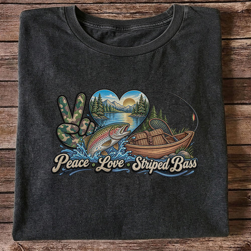 Peace Love Striped Bass Lake and Boat Fishing Graphic T-Shirt