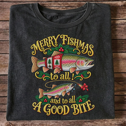 Merry Fishmas to All and to All a Good Bite Rainbow Trout Christmas Fishing T-Shirt