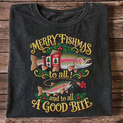 Merry Fishmas to All and to All a Good Bite Rainbow Trout Christmas Fishing T-Shirt