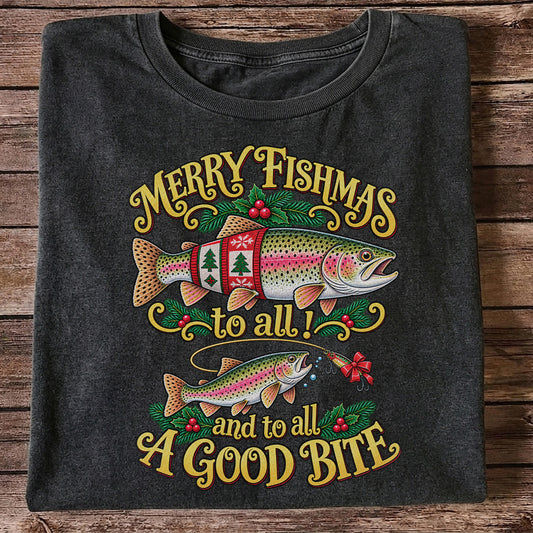 Merry Fishmas to All and to All a Good Bite Rainbow Trout Christmas Fishing T-Shirt