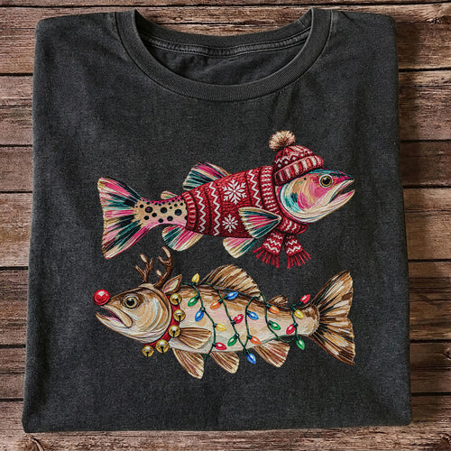 Festive Christmas Fish with Lights Fishing Graphic T-Shirt