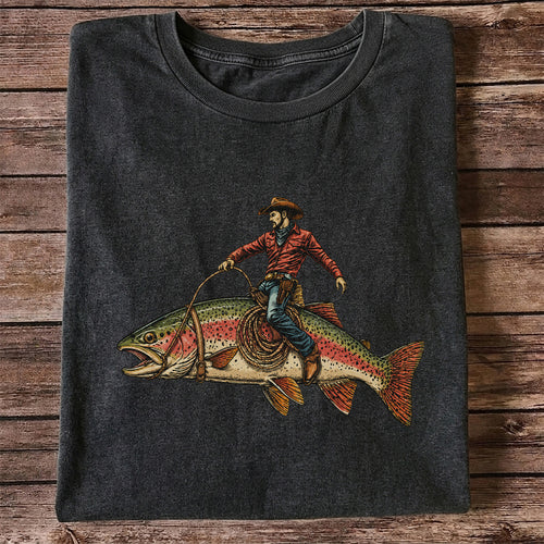 Cowboy Riding Rainbow Trout T-Shirt Vintage Western Fishing Tee