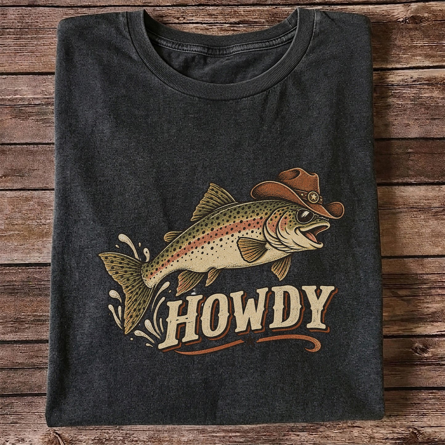 Howdy Cowboy Trout Vintage Fishing Graphic T-Shirt