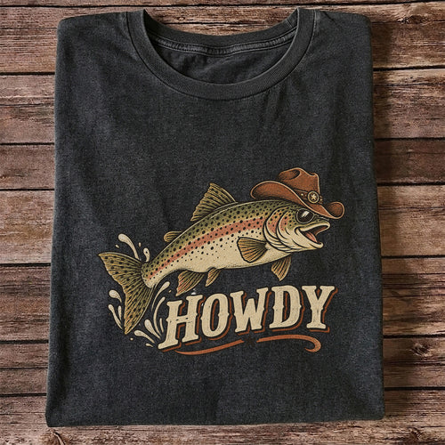 Howdy Cowboy Trout Vintage Fishing Graphic T-Shirt