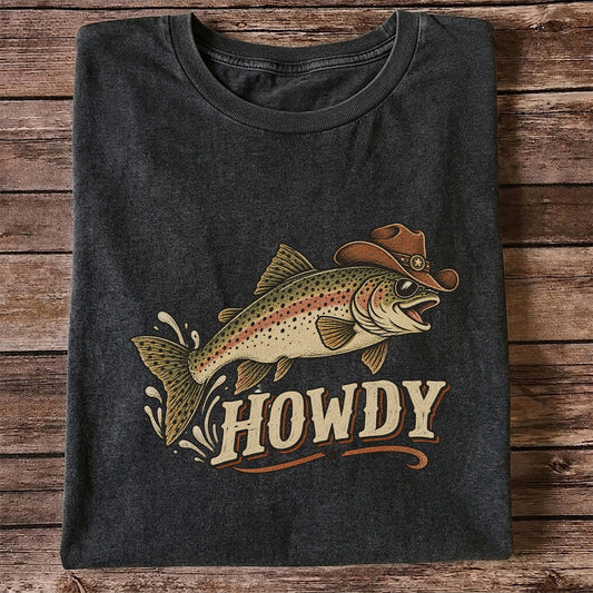 Howdy Cowboy Trout Vintage Fishing Graphic T-Shirt