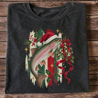 Christmas Santa Hat Rainbow Trout Fishing Graphic T-Shirt