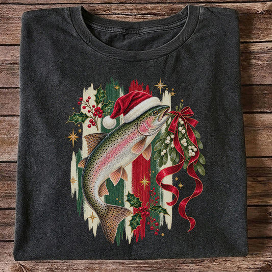 Christmas Santa Hat Rainbow Trout Fishing Graphic T-Shirt