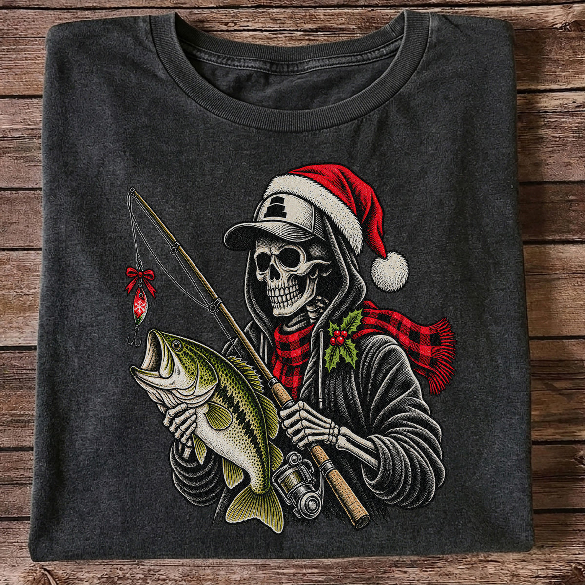 Christmas Skeleton Angler with Santa Hat and Bass Fishing T-Shirt