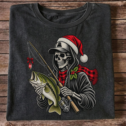 Christmas Skeleton Angler with Santa Hat and Bass Fishing T-Shirt