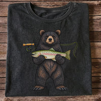 Black Bear Holding Rainbow Trout Fly Fishing Graphic T-Shirt