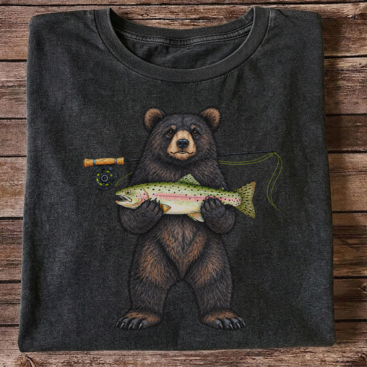 Black Bear Holding Rainbow Trout Fly Fishing Graphic T-Shirt