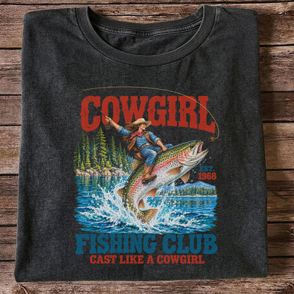 Cowgirl Riding Rainbow Trout Fishing Club T-Shirt