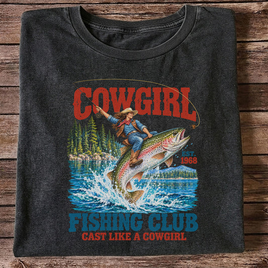 Cowgirl Riding Rainbow Trout Fishing Club T-Shirt
