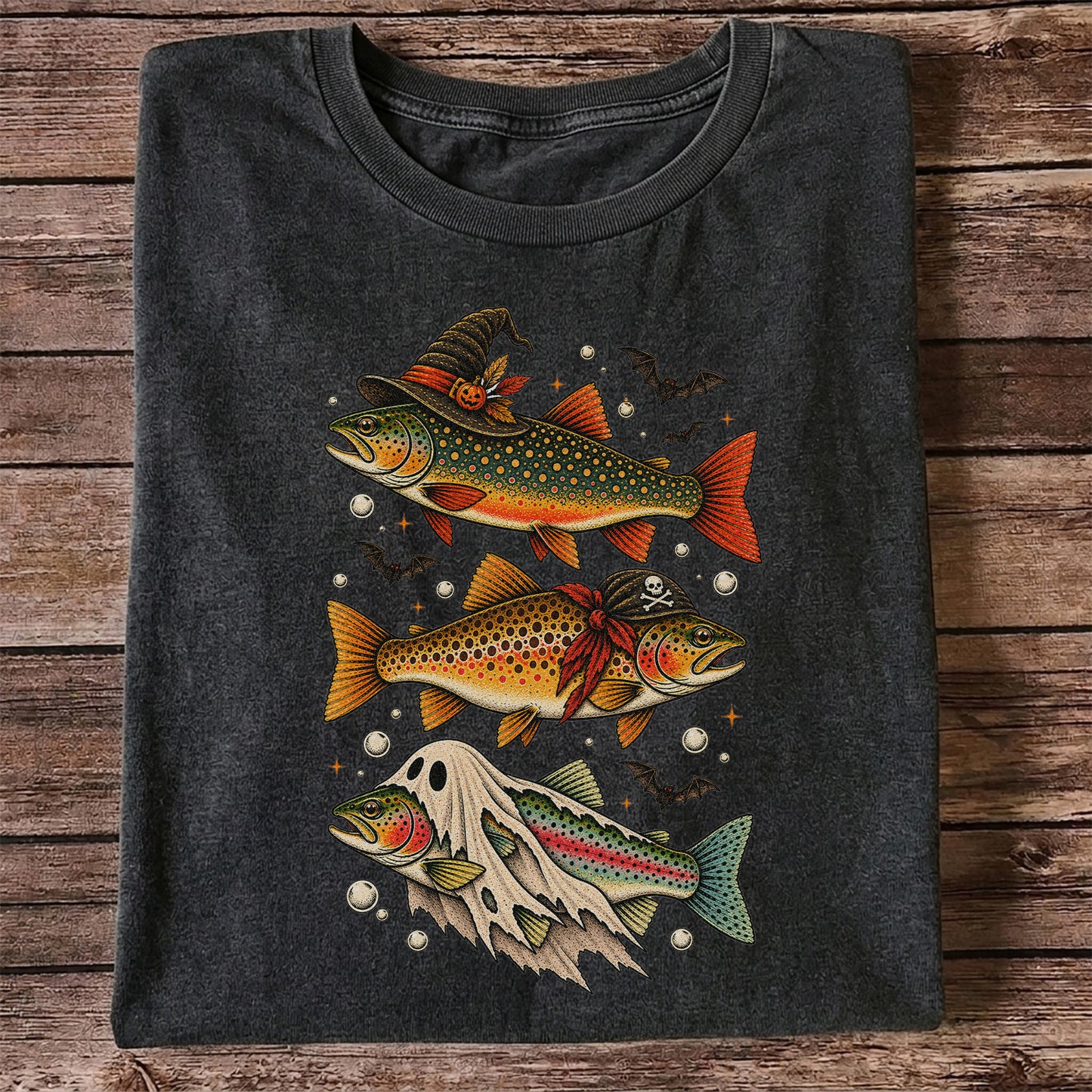 Halloween Trout Trio Witch Pirate and Ghost Fishing T-Shirt