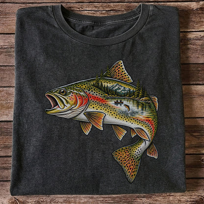 Rainbow Trout Mountain Lake Fishing Scene Graphic T-Shirt