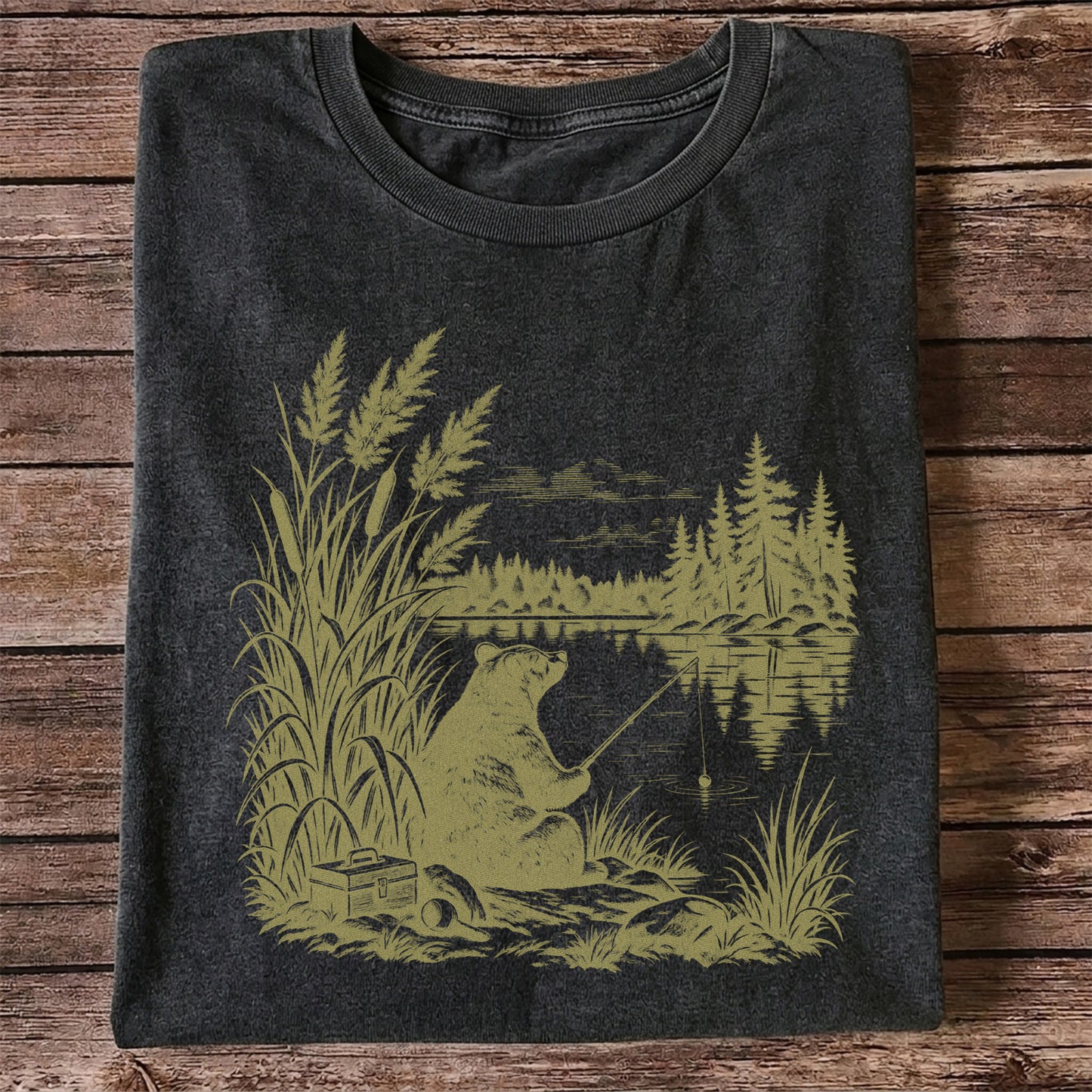 Bear Fishing by the Lake Vintage Outdoor Graphic T-Shirt