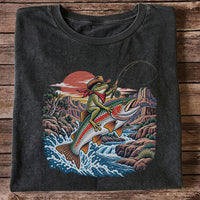 Cowboy Frog Riding a Rainbow Trout Canyon Fishing Graphic T-Shirt