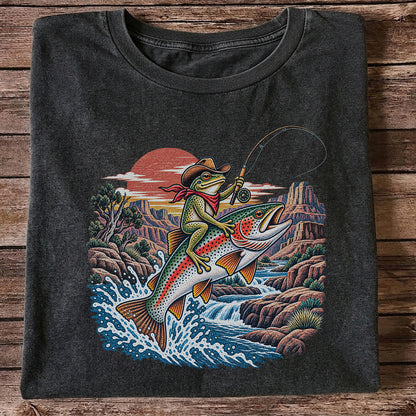 Cowboy Frog Riding a Rainbow Trout Canyon Fishing Graphic T-Shirt