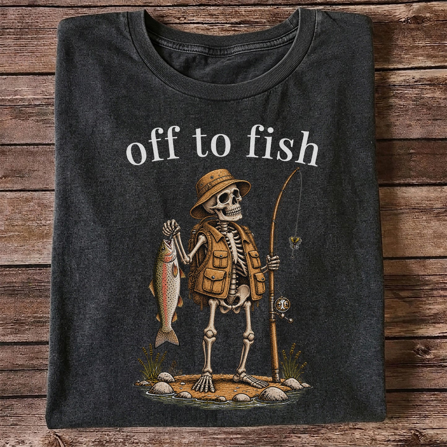 Off to Fish Skeleton Angler Funny Fishing T-Shirt