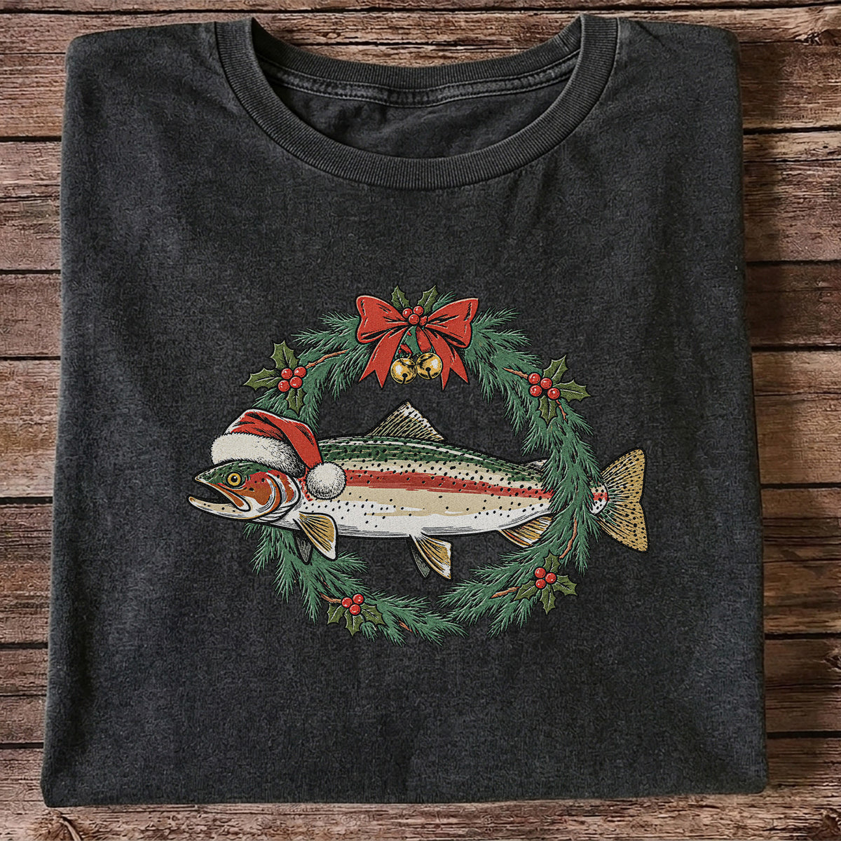 Christmas Trout Wreath Fishing Graphic T-Shirt